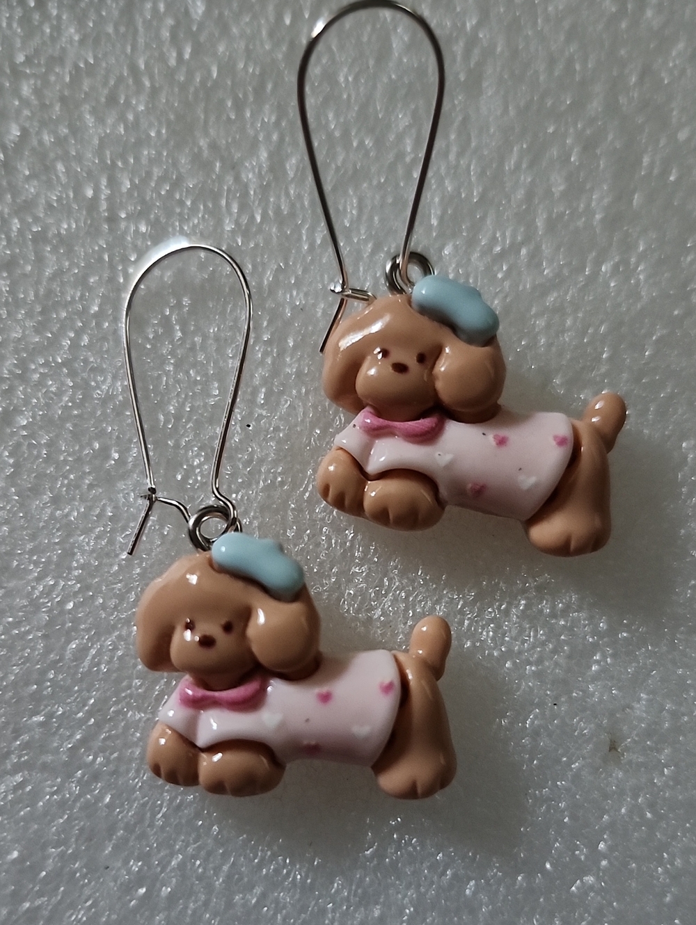 Hand Crafted Brown Puppy Earrings with Pink and Blue Accents